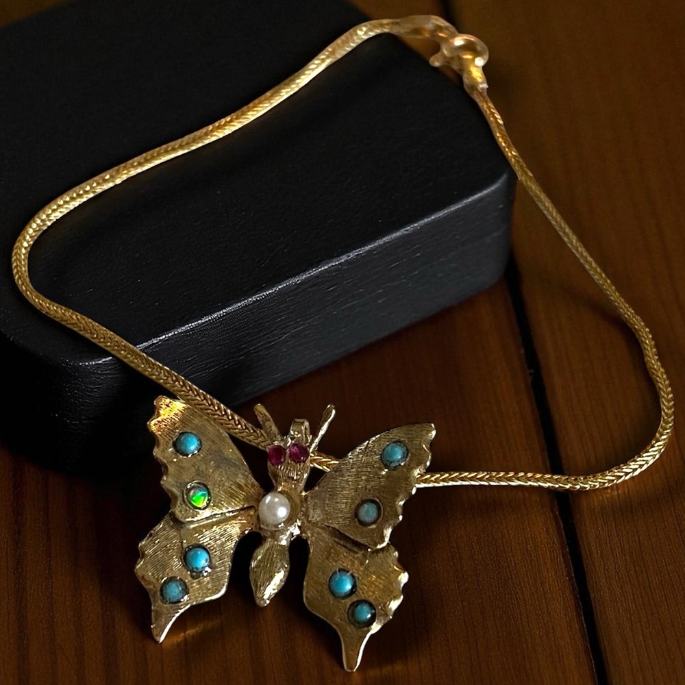 GORGEOUS One of a Kind Custom 14K Gold Turquoise BUTTERFLY 7” Chain Bracelet!